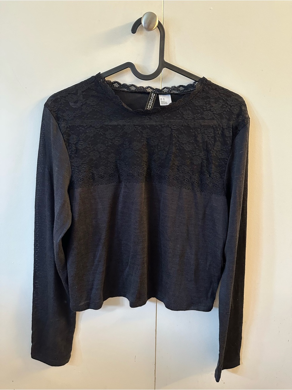 H&M Black Long-Sleeve Top with Lace Yoke